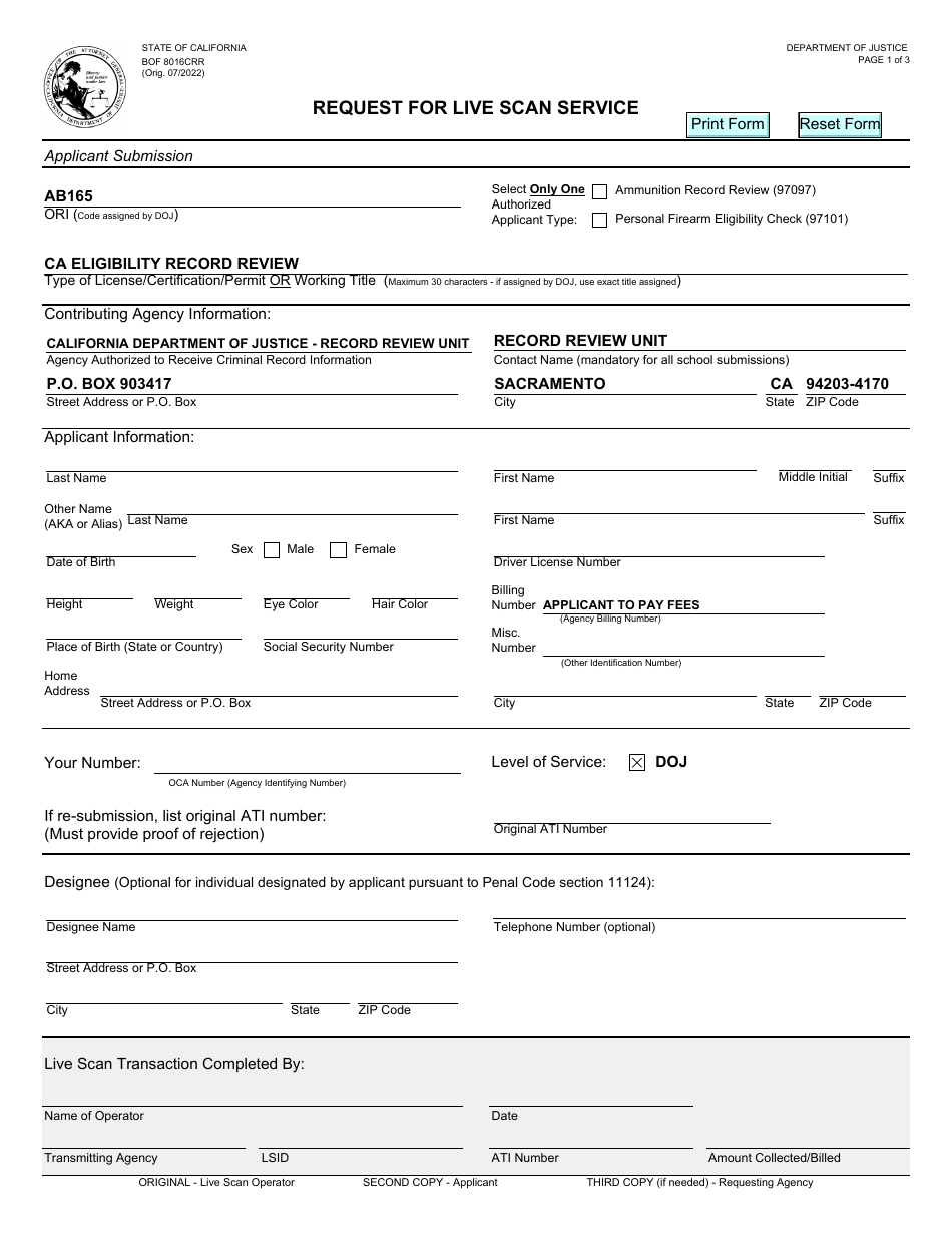 Form BOF8016CRR Request for Live Scan Service - California, Page 1
