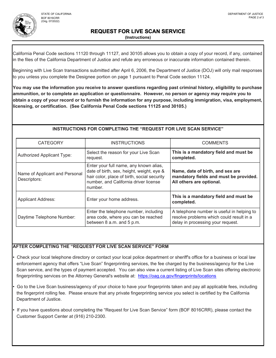 Form BOF8016CRR Request for Live Scan Service - California, Page 2