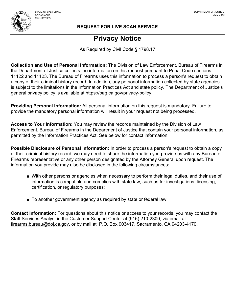 Form BOF8016CRR Request for Live Scan Service - California, Page 3