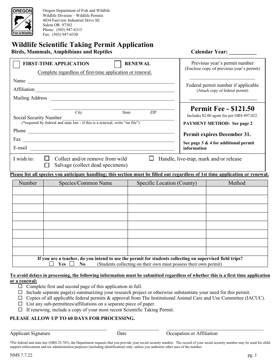 Wildlife Scientific Taking Permit Application - Birds, Mammals, Amphibians and Reptiles - Oregon, Page 1