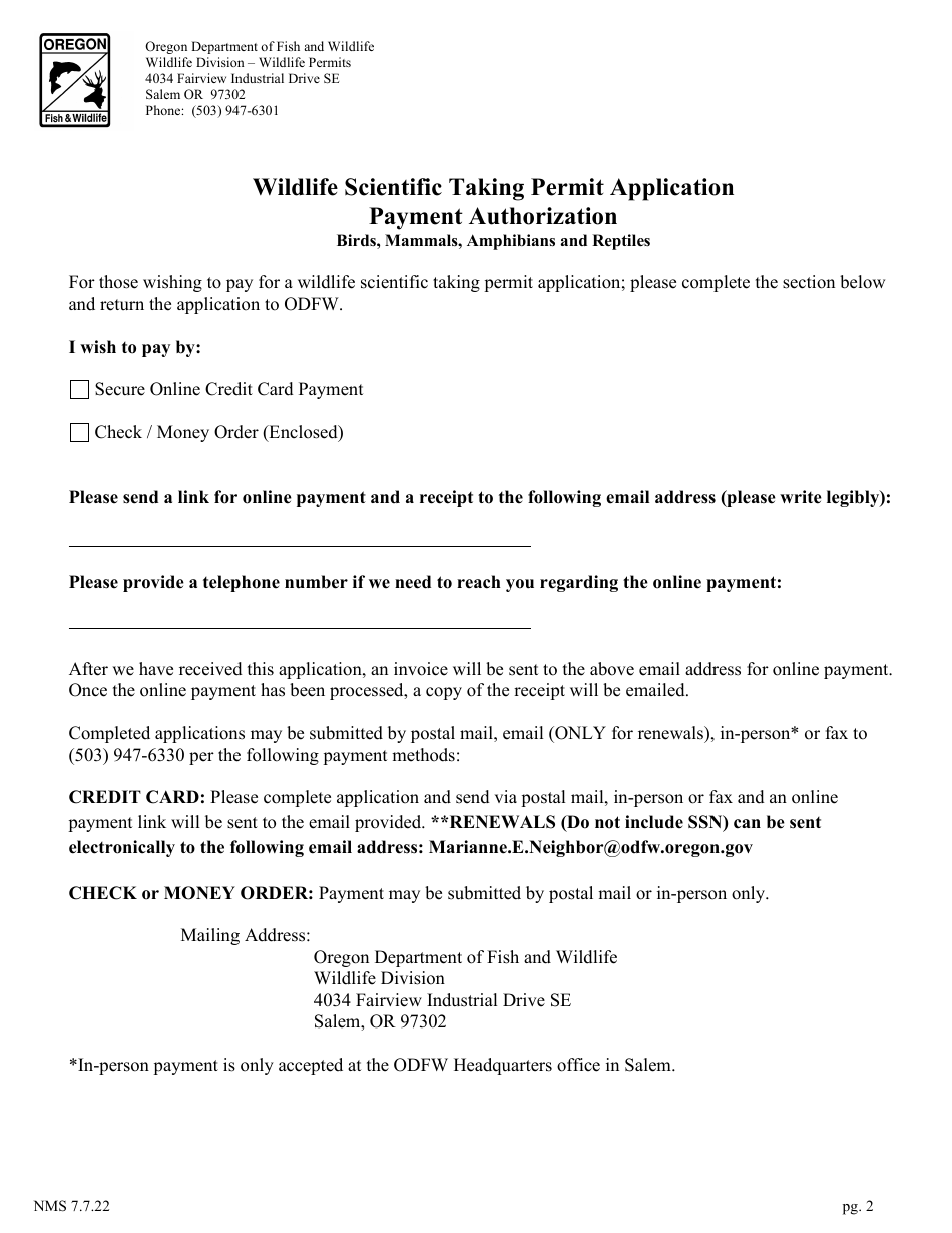 Wildlife Scientific Taking Permit Application - Birds, Mammals, Amphibians and Reptiles - Oregon, Page 2