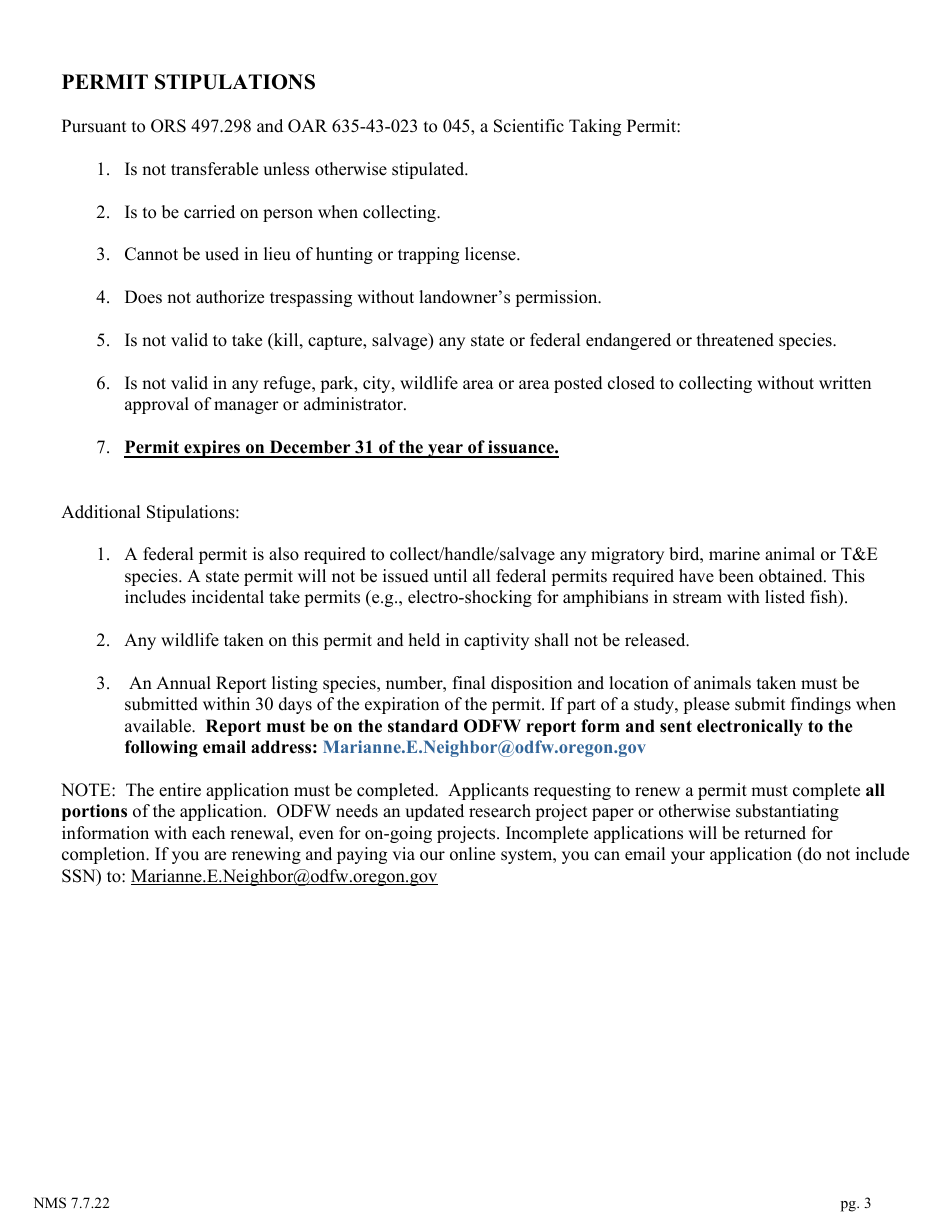 Wildlife Scientific Taking Permit Application - Birds, Mammals, Amphibians and Reptiles - Oregon, Page 3
