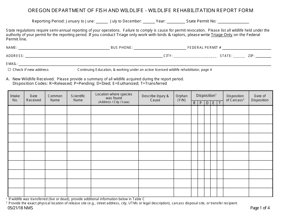 Wildlife Rehabilitation Report Form - Oregon, Page 1