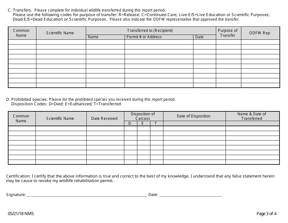 Wildlife Rehabilitation Report Form - Oregon, Page 3