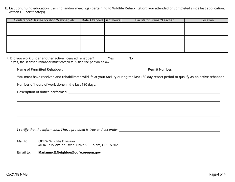 Wildlife Rehabilitation Report Form - Oregon, Page 4