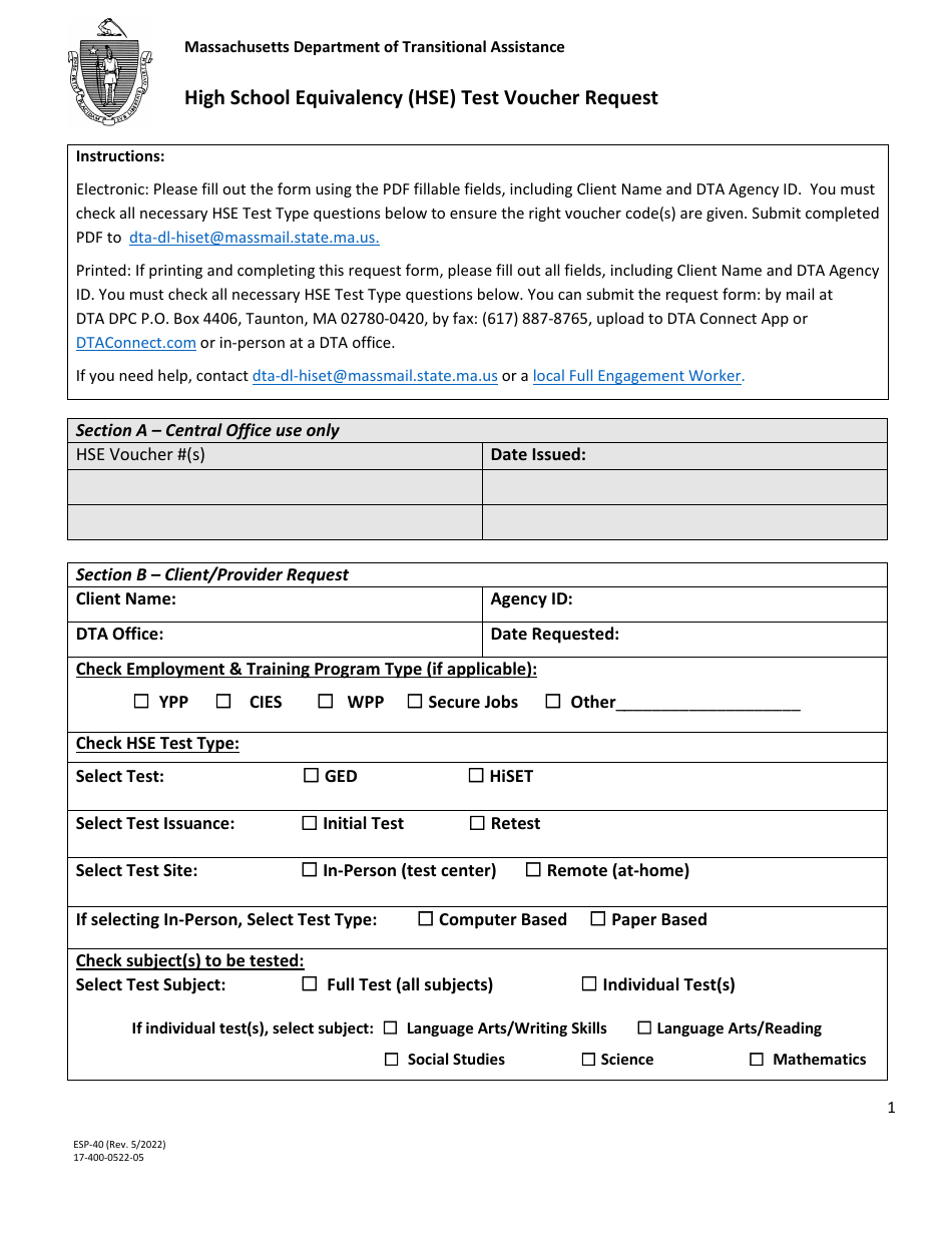 Form ESP-40 High School Equivalency (Hse) Test Voucher Request - Massachusetts, Page 1