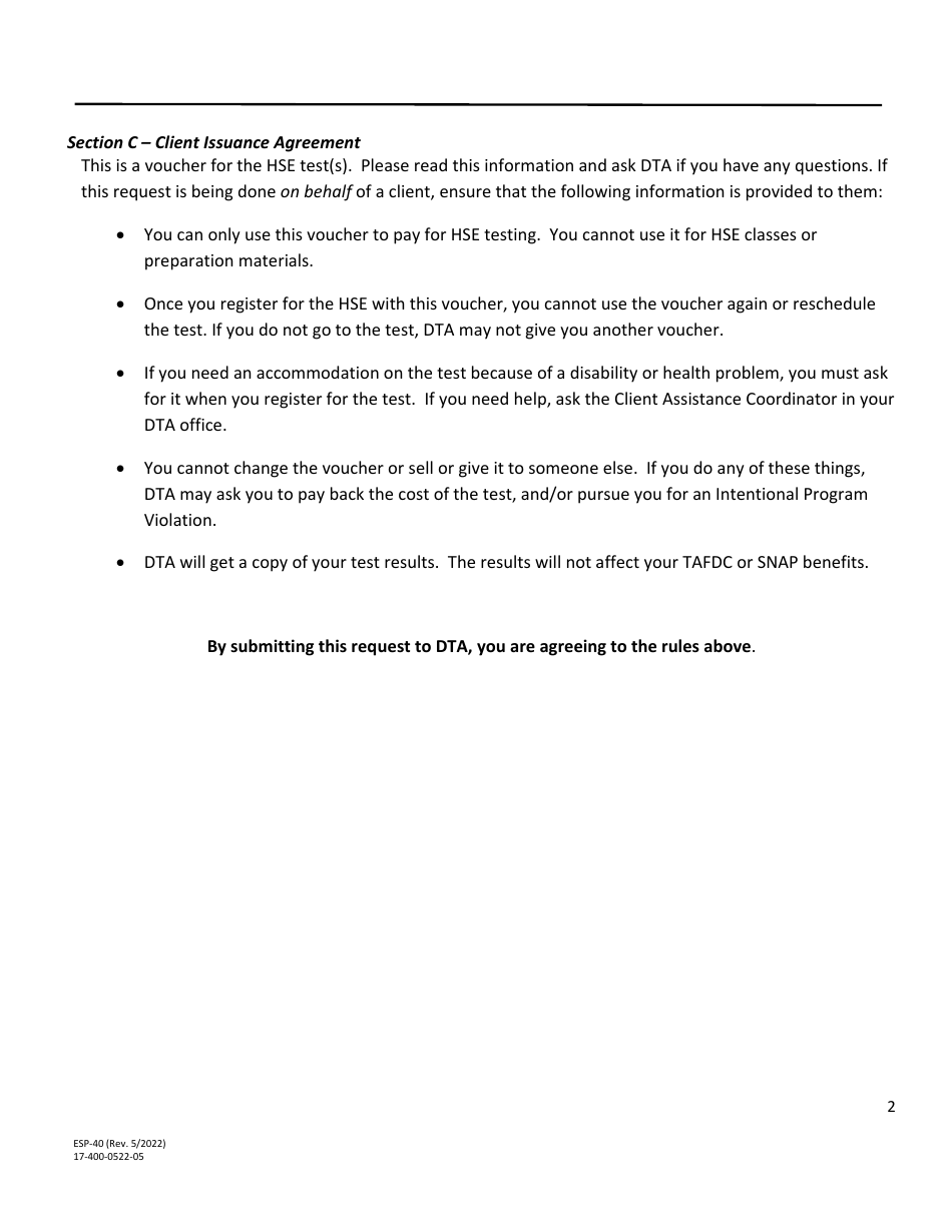 Form ESP-40 High School Equivalency (Hse) Test Voucher Request - Massachusetts, Page 2