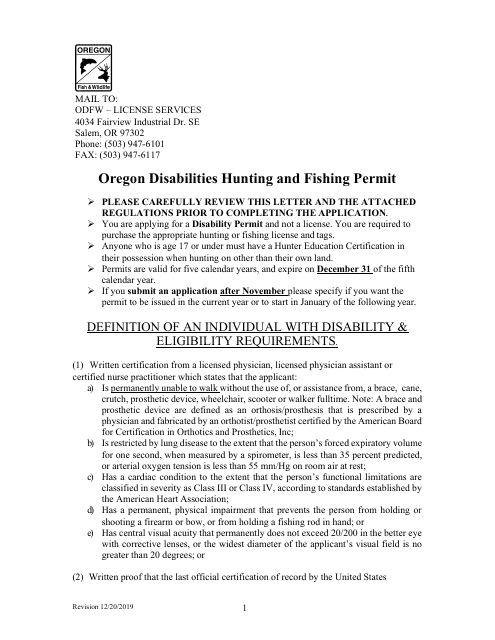 Application for Oregon Disablilities Hunting and Fishing Permit - Oregon Download Pdf