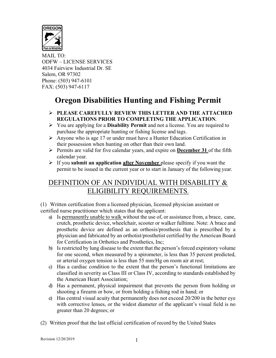 Oregon Application for Oregon Disablilities Hunting and Fishing Permit