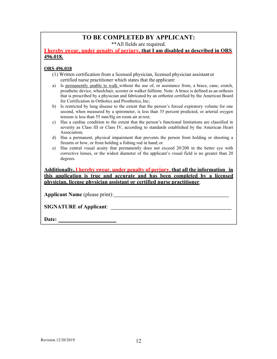 Application for Oregon Disablilities Hunting and Fishing Permit - Oregon, Page 12