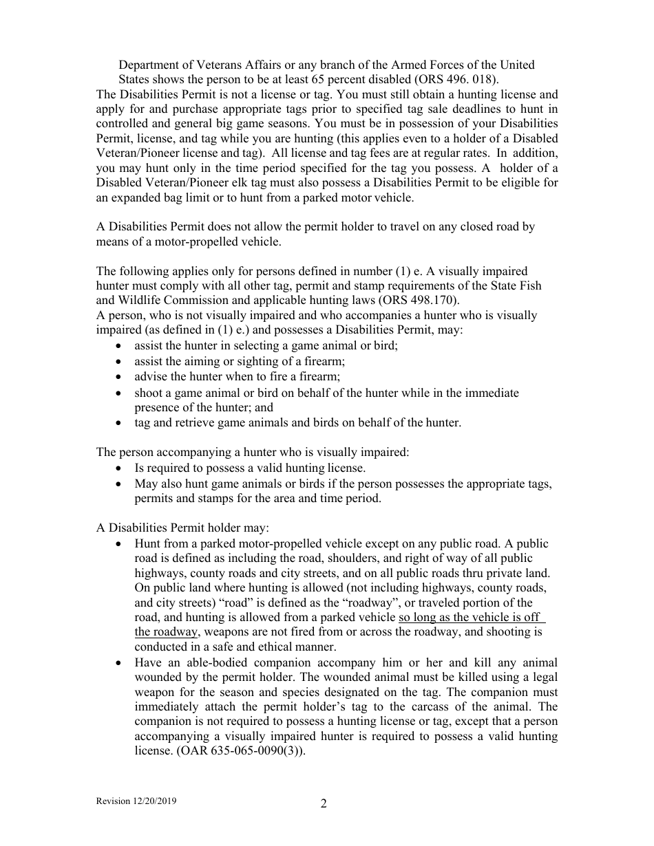 Application for Oregon Disablilities Hunting and Fishing Permit - Oregon, Page 2