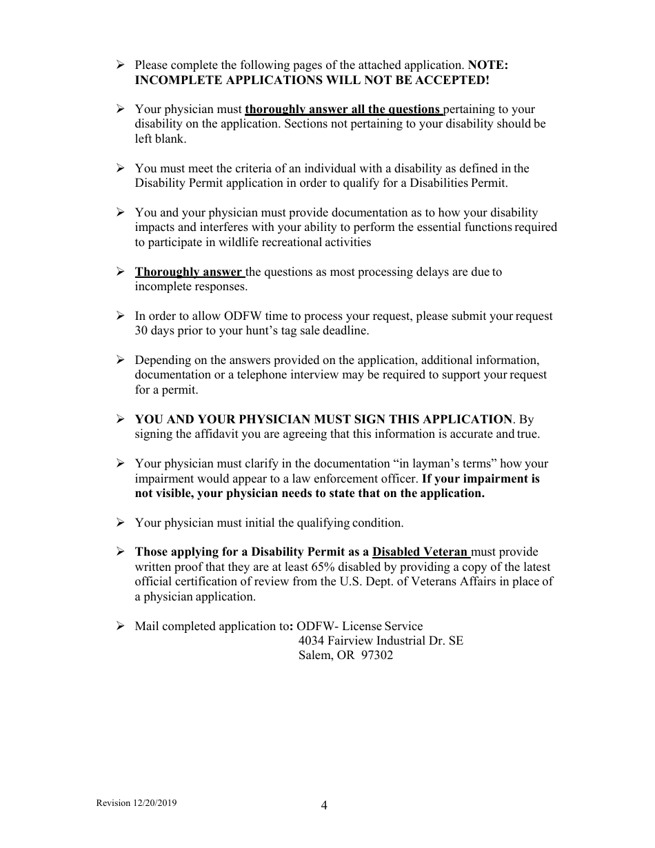 Application for Oregon Disablilities Hunting and Fishing Permit - Oregon, Page 4