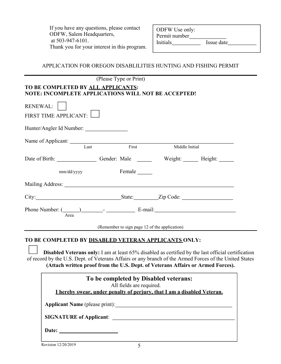 Oregon Application for Oregon Disablilities Hunting and Fishing Permit