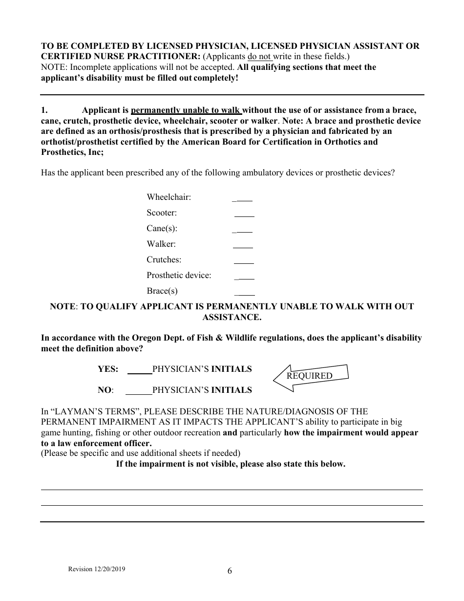 Oregon Application for Oregon Disablilities Hunting and Fishing Permit