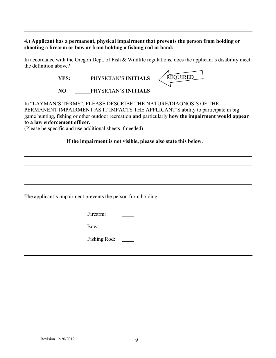 Oregon Application for Oregon Disablilities Hunting and Fishing Permit