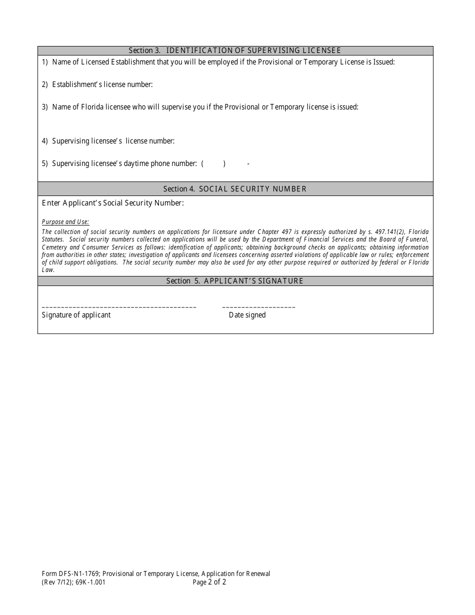 Form DFS-N1-1769 Provisional or Temporary License, Application for Renewal - Florida, Page 2