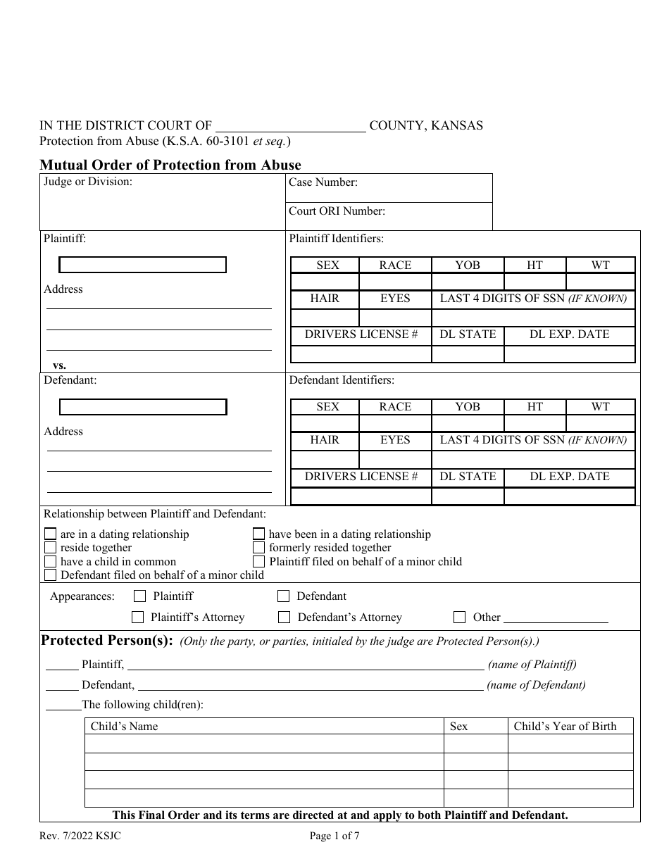 Kansas Mutual Order of Protection From Abuse Fill Out, Sign Online