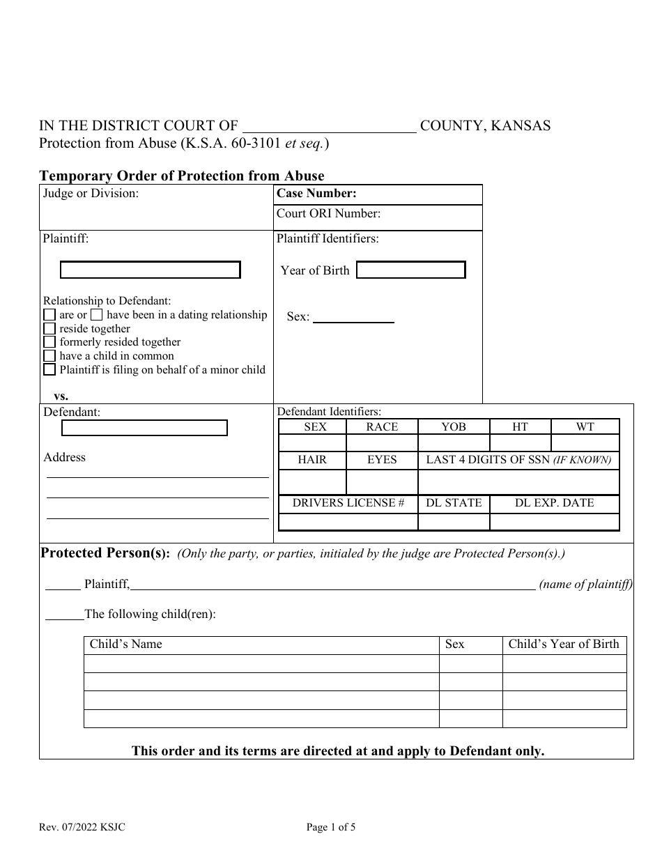 Kansas Temporary Order of Protection From Abuse Fill Out, Sign Online