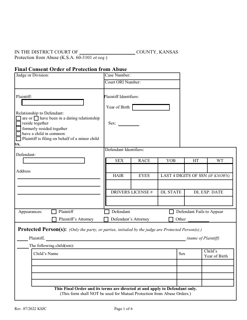 Final Consent Order of Protection From Abuse - Kansas Download Pdf