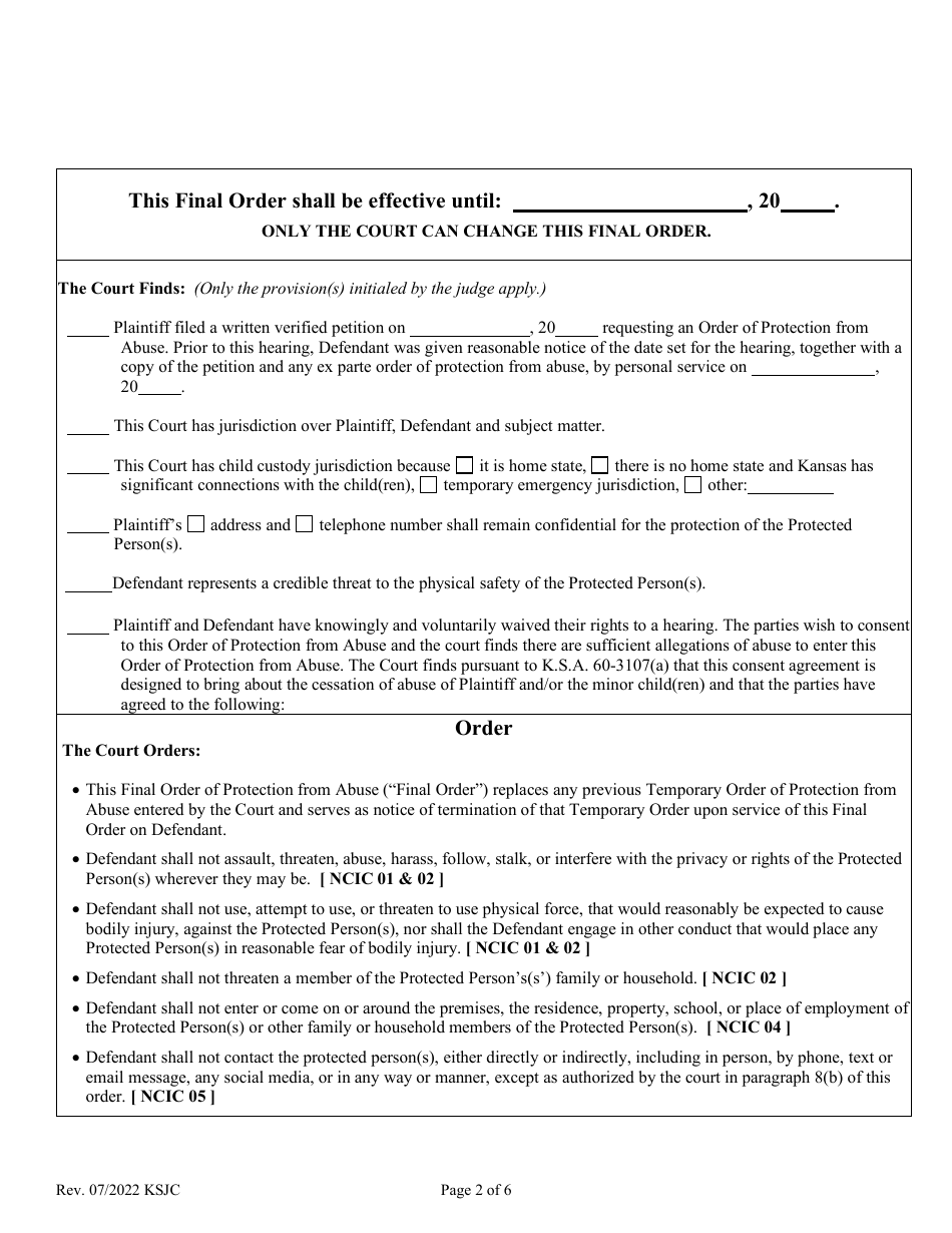 Final Consent Order of Protection From Abuse - Kansas, Page 2