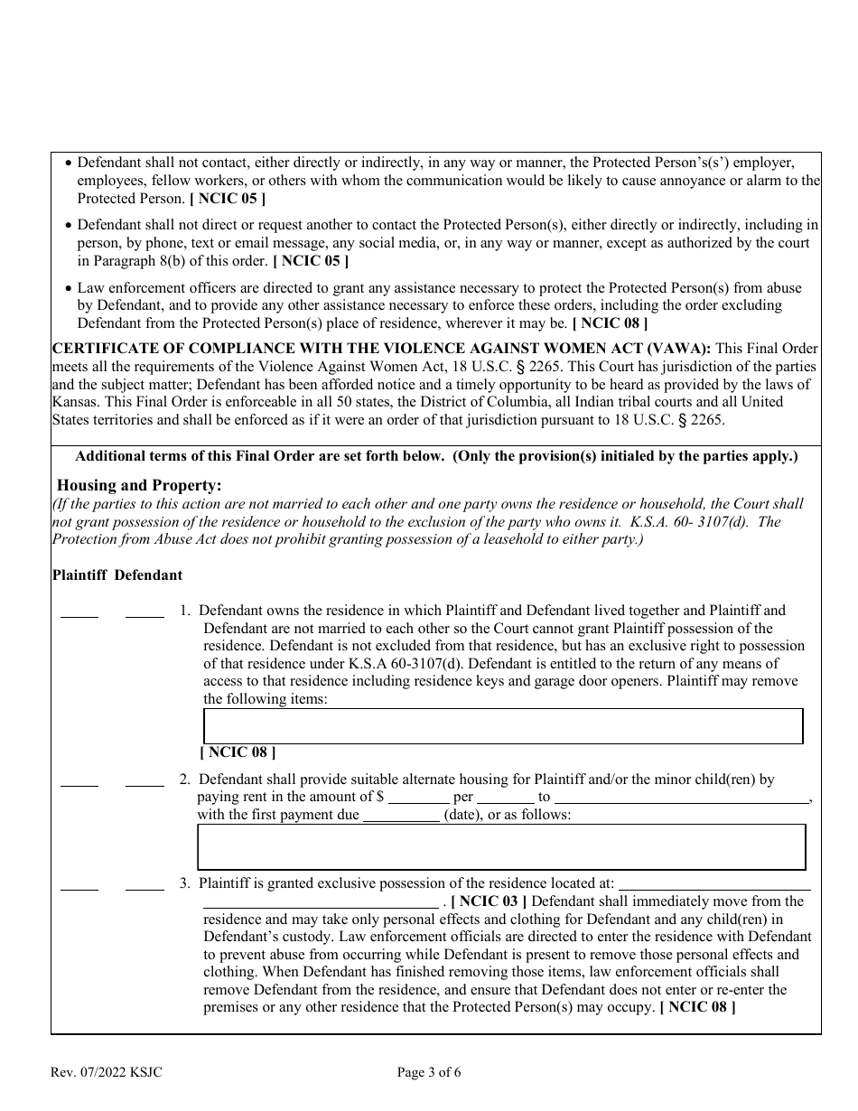 Final Consent Order of Protection From Abuse - Kansas, Page 3