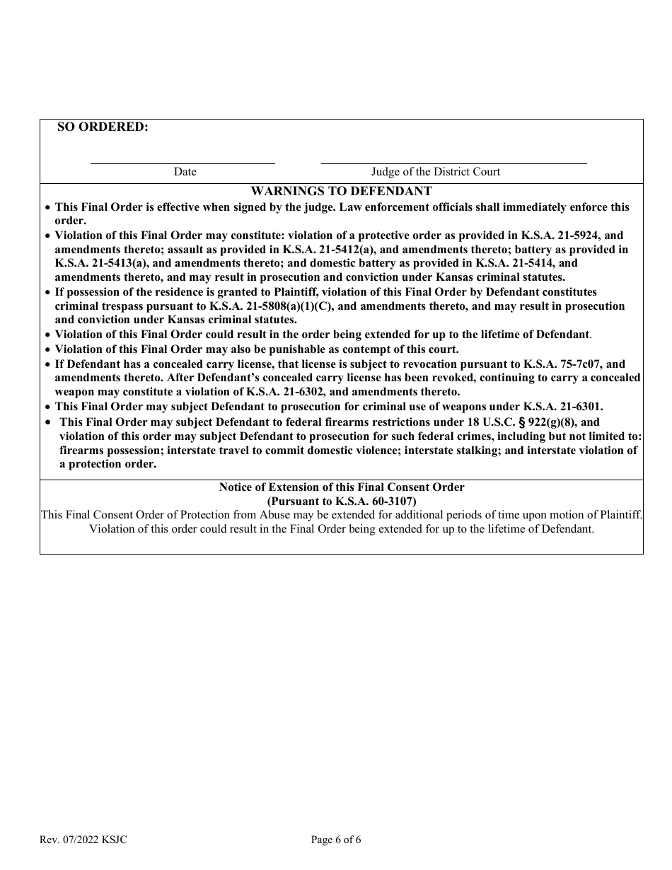 Final Consent Order of Protection From Abuse - Kansas, Page 6