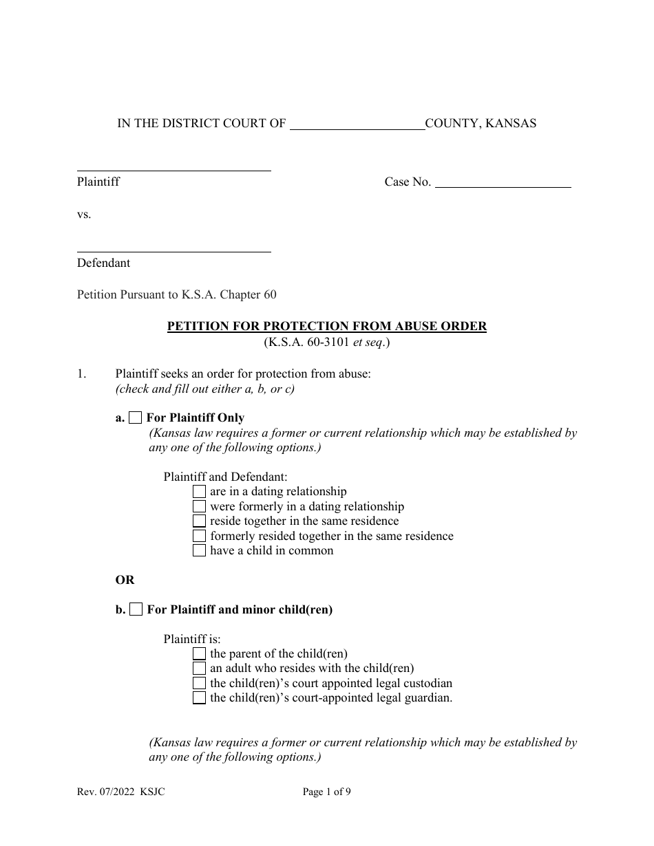 Kansas Petition for Protection From Abuse Order Fill Out, Sign Online