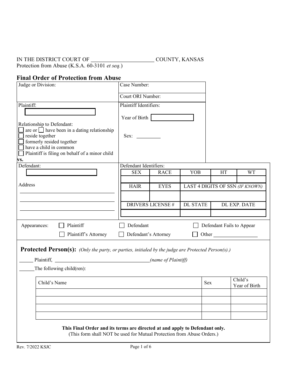 Kansas Final Order of Protection From Abuse Download Fillable PDF