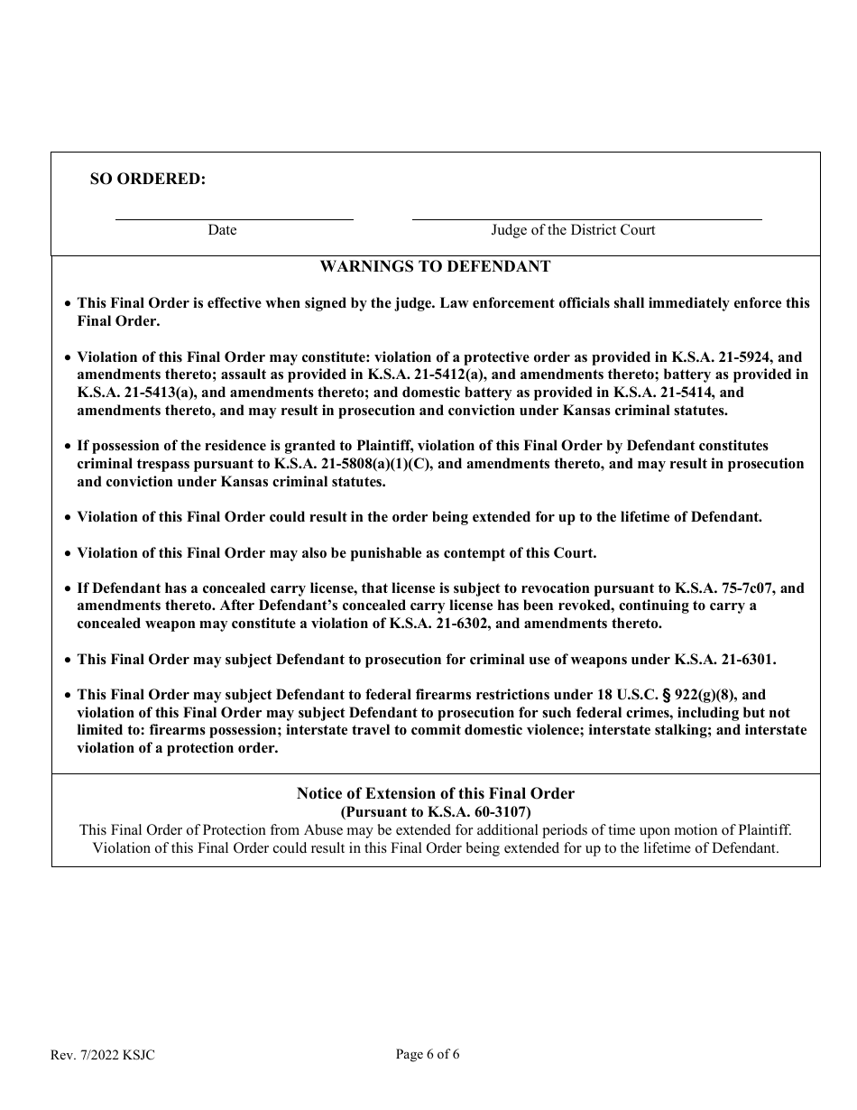 Final Order of Protection From Abuse - Kansas, Page 6