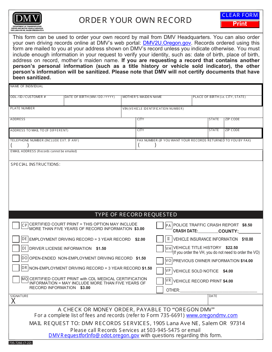 Form 735-7266 Order Your Own Record - Oregon, Page 1