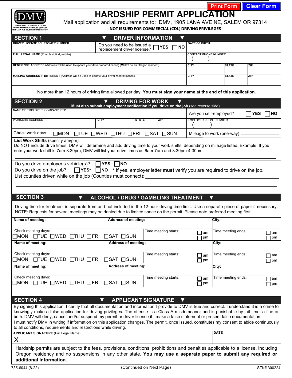 Form 735-6044 Hardship Permit Application - Oregon, Page 1
