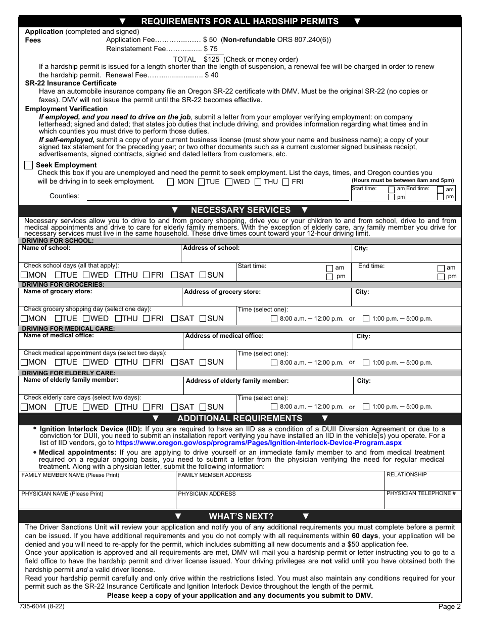 Form 735-6044 Hardship Permit Application - Oregon, Page 2