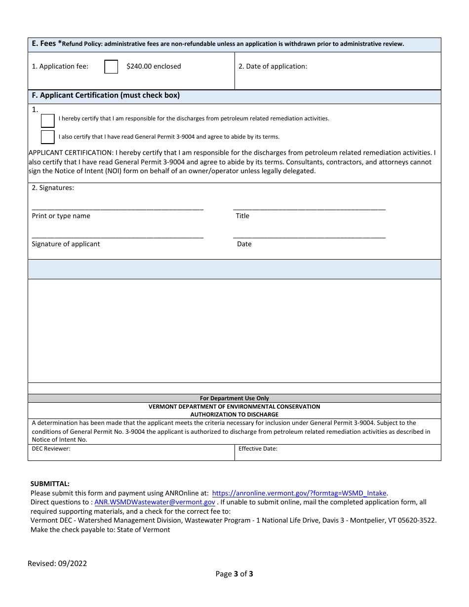 Notice of Intent for Discharges From Petroleum - Related Remediation Activities Subject to General Permit No. 3-9004 - Vermont, Page 3
