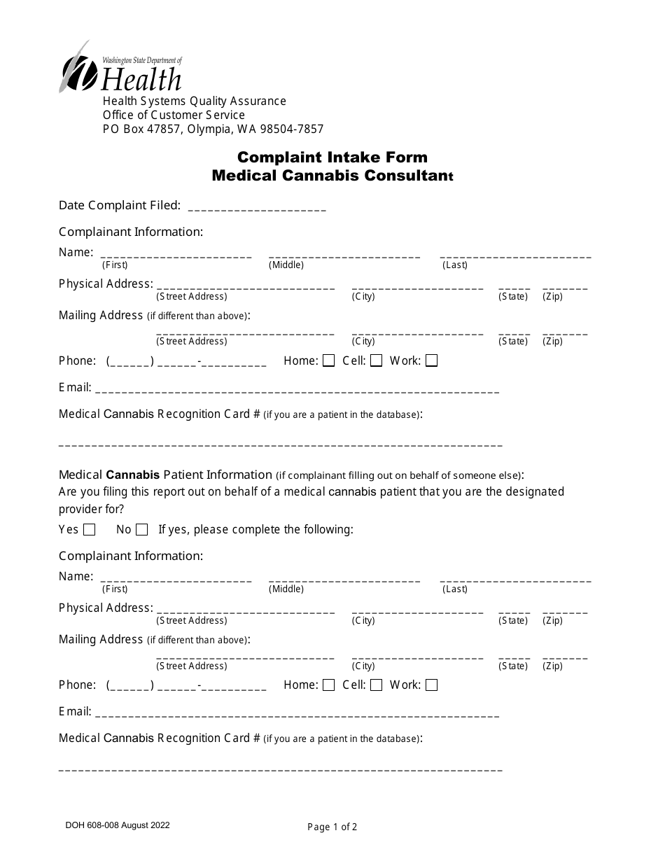 Form DOH608-008 Complaint Intake Form - Medical Cannabis Consultant - Washington, Page 1