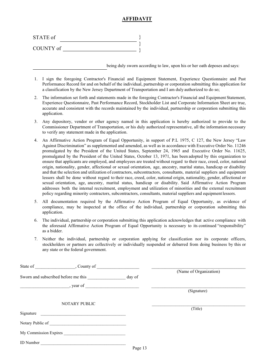 Form DC-74A Contractors Financial and Equipment Statement Experience Questionnaire and Past Performance Record - New Jersey, Page 13