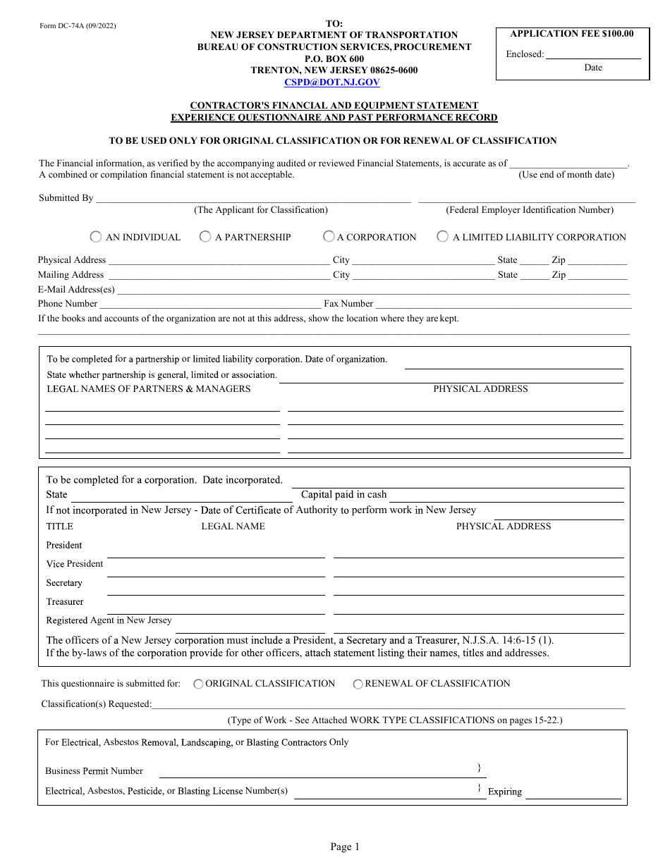 Form DC-74A Contractors Financial and Equipment Statement Experience Questionnaire and Past Performance Record - New Jersey, Page 1