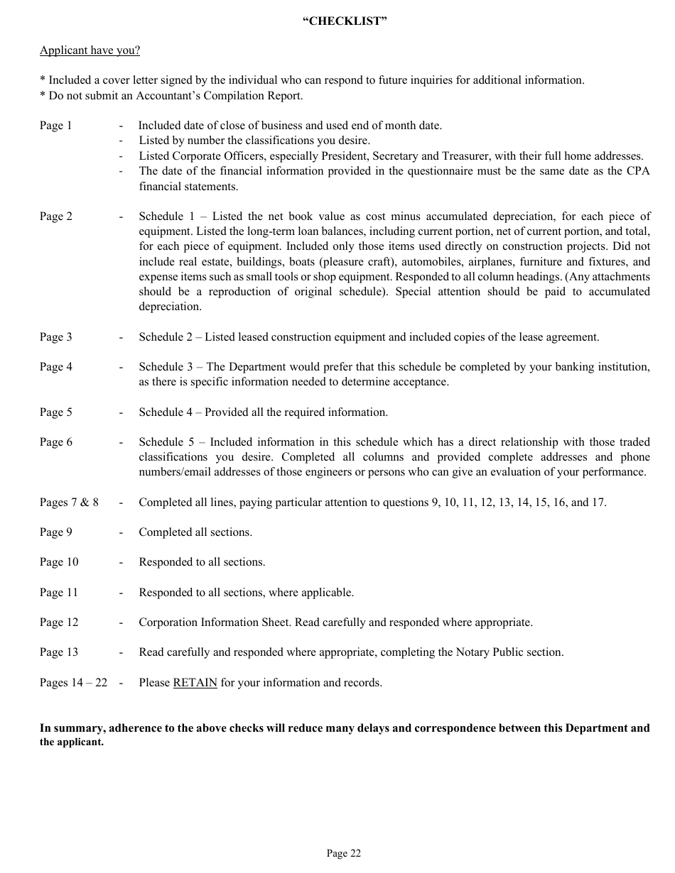 Form DC-74A Contractors Financial and Equipment Statement Experience Questionnaire and Past Performance Record - New Jersey, Page 22