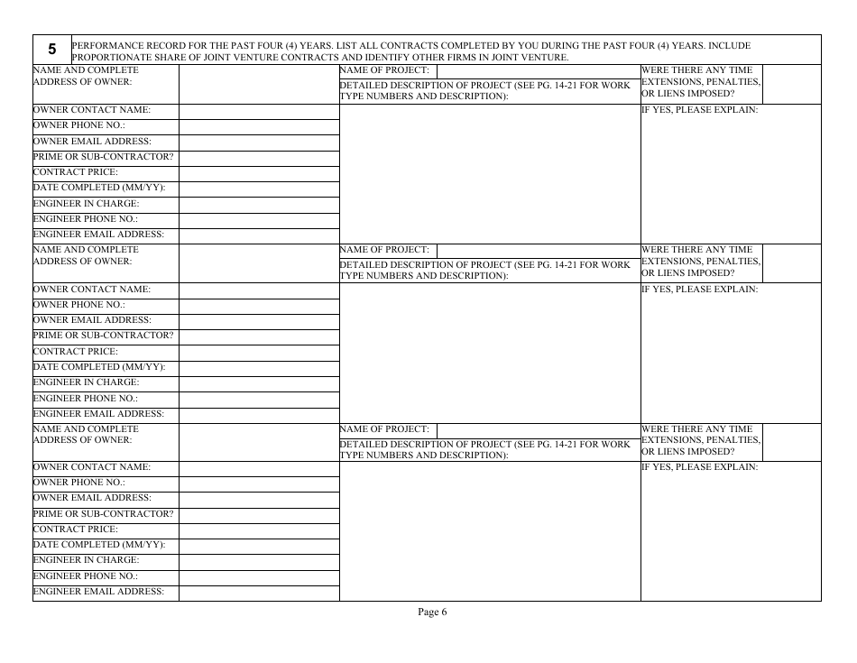 Form DC-74A Contractors Financial and Equipment Statement Experience Questionnaire and Past Performance Record - New Jersey, Page 6