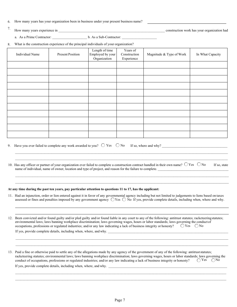 Form DC-74A Contractors Financial and Equipment Statement Experience Questionnaire and Past Performance Record - New Jersey, Page 7
