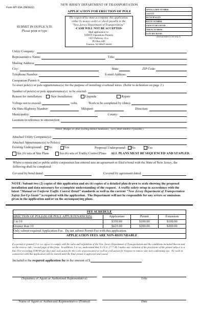 Form MT-33A Application for Erection of Pole - New Jersey