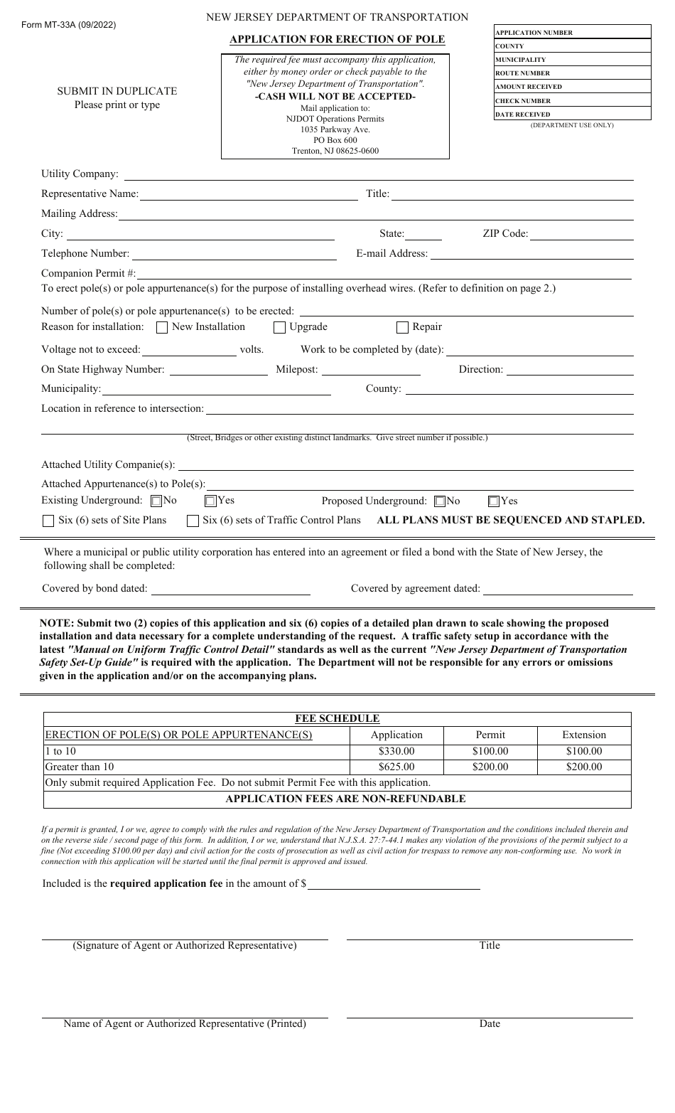 Form MT-33A Application for Erection of Pole - New Jersey, Page 1
