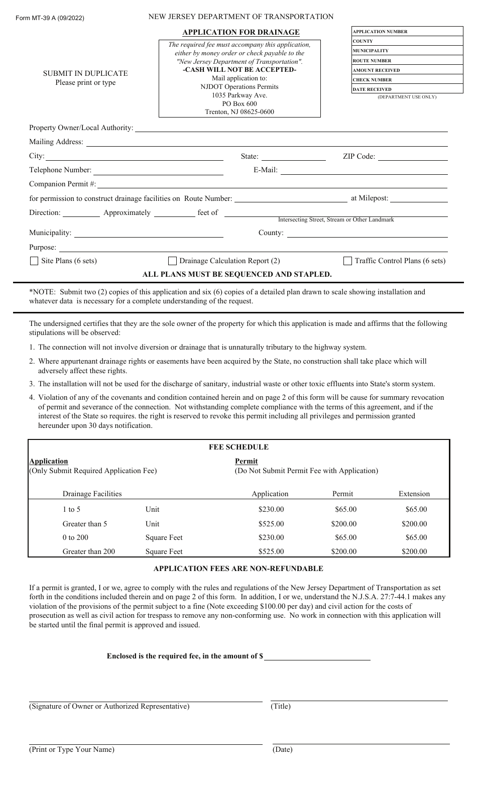 Form MT39A Application for Drainage - New Jersey, Page 1