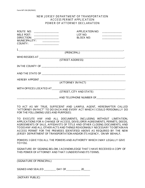 Form MT-156 Power of Attorney Declaration - New Jersey