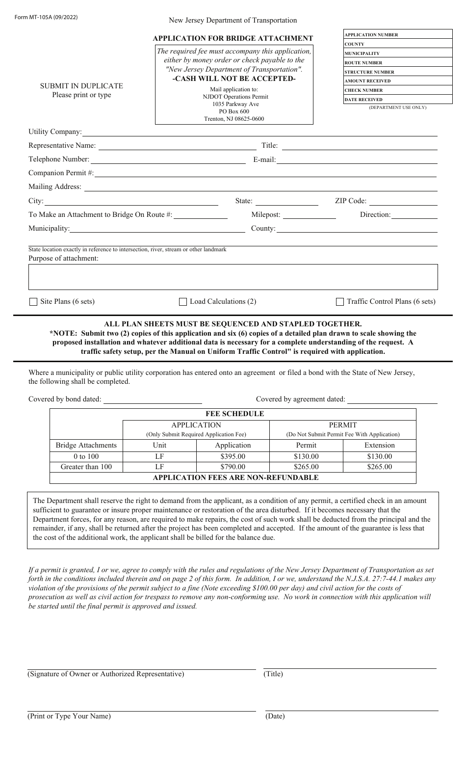 Form MT-105A Application for Bridge Attachment - New Jersey, Page 1