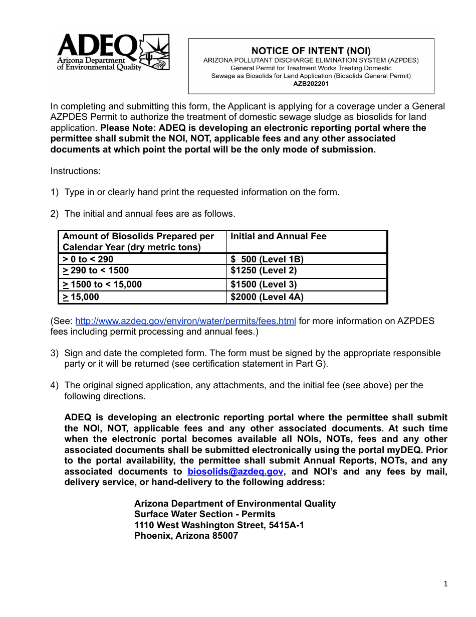 AZPDES Biosolids General Permit Notice of Intent (Noi) - Arizona, Page 1