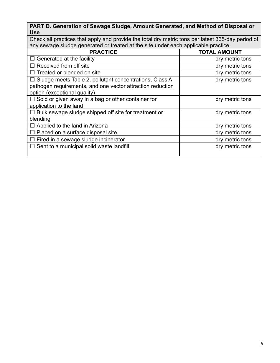 AZPDES Biosolids General Permit Notice of Intent (Noi) - Arizona, Page 9