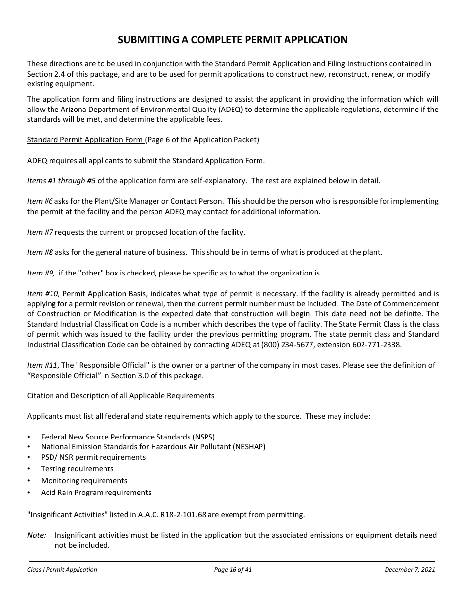 Application Packet for a Class I Permit - Arizona, Page 16