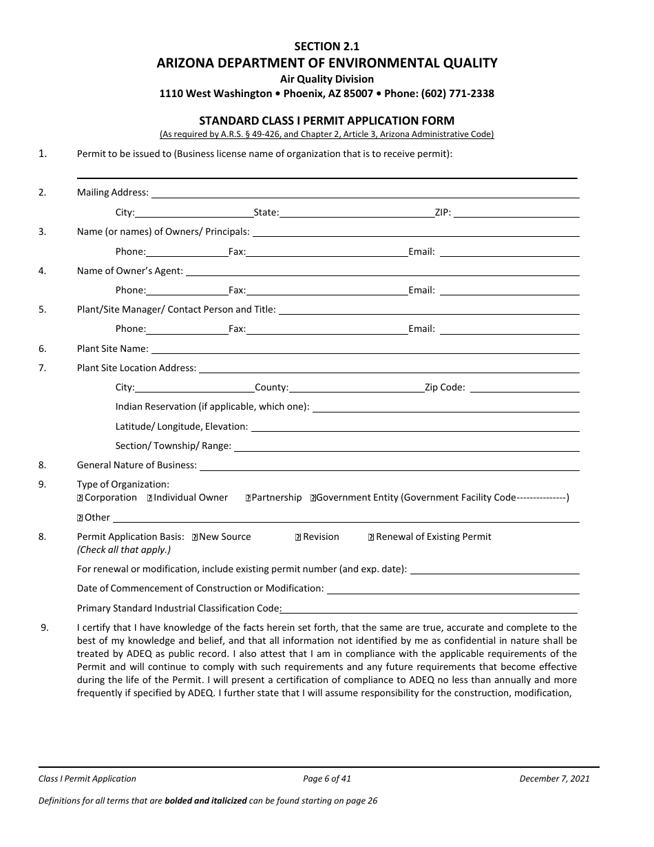 Application Packet for a Class I Permit - Arizona, Page 6