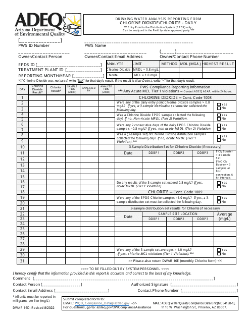 Form DWAR16D Drinking Water Analysis Reporting Form - Chlorine Dioxide/Chlorite - Daily - Arizona