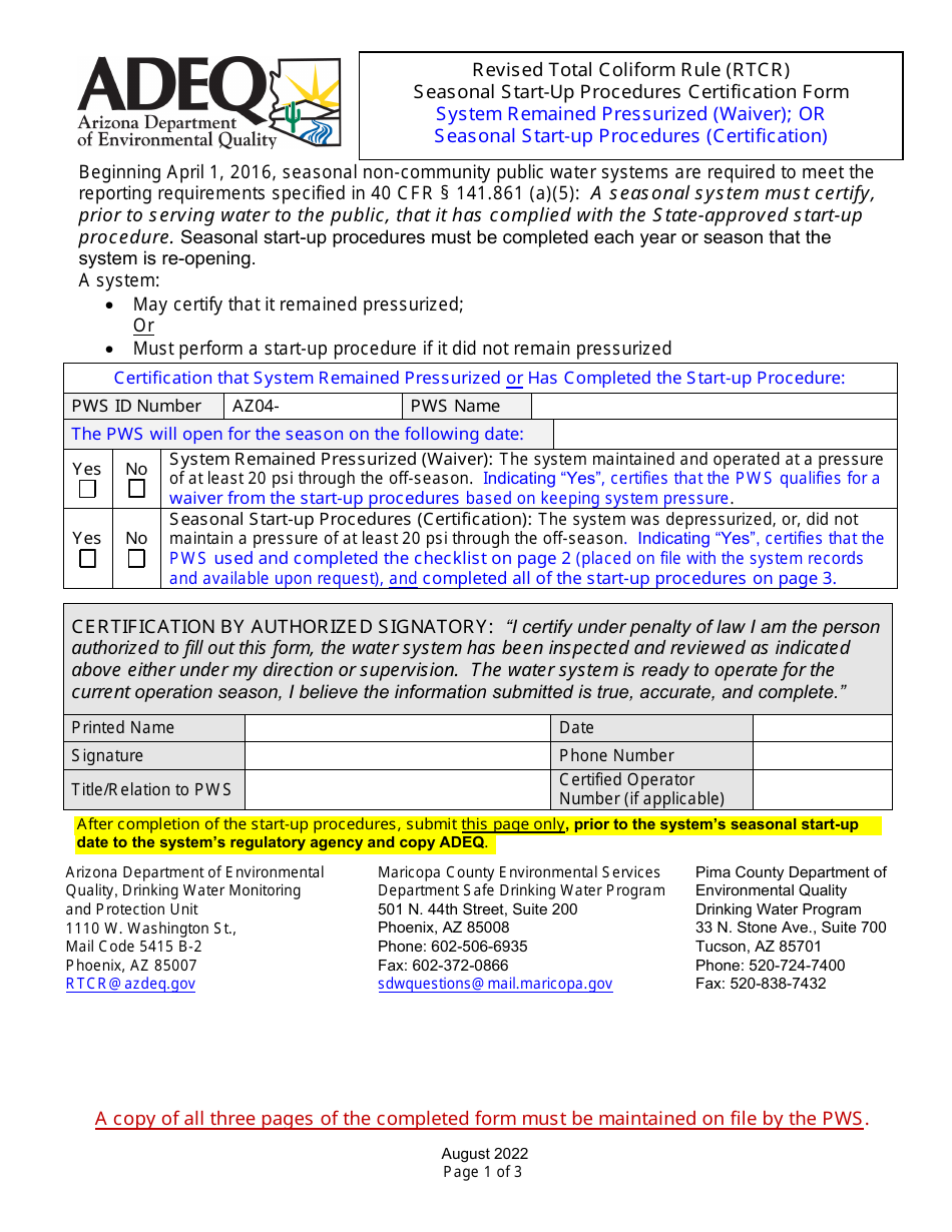 Revised Total Coliform Rule (Rtcr) Seasonal Start-Up Procedures Certification Form - Arizona, Page 1